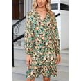 thumbnail image 5 of Abstract Print Deep V Neck Stirred Cuff Long Sleeves Belted Waist Front Slit Dress Green X-Large, 5 of 5