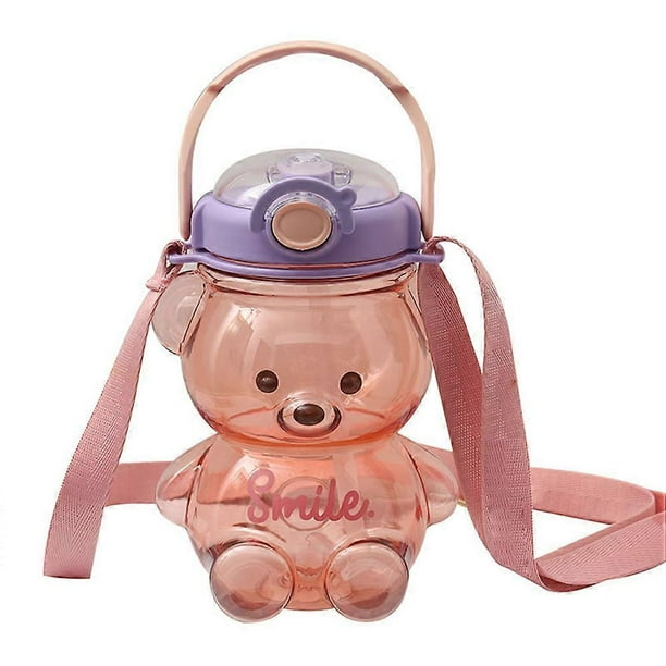 Kawaii Bear Straw Bottle Portable Cartoon Kids Water Bottle with Straw and Carrying Loop Adjustable Shoulder Strap for Outdoor Travel