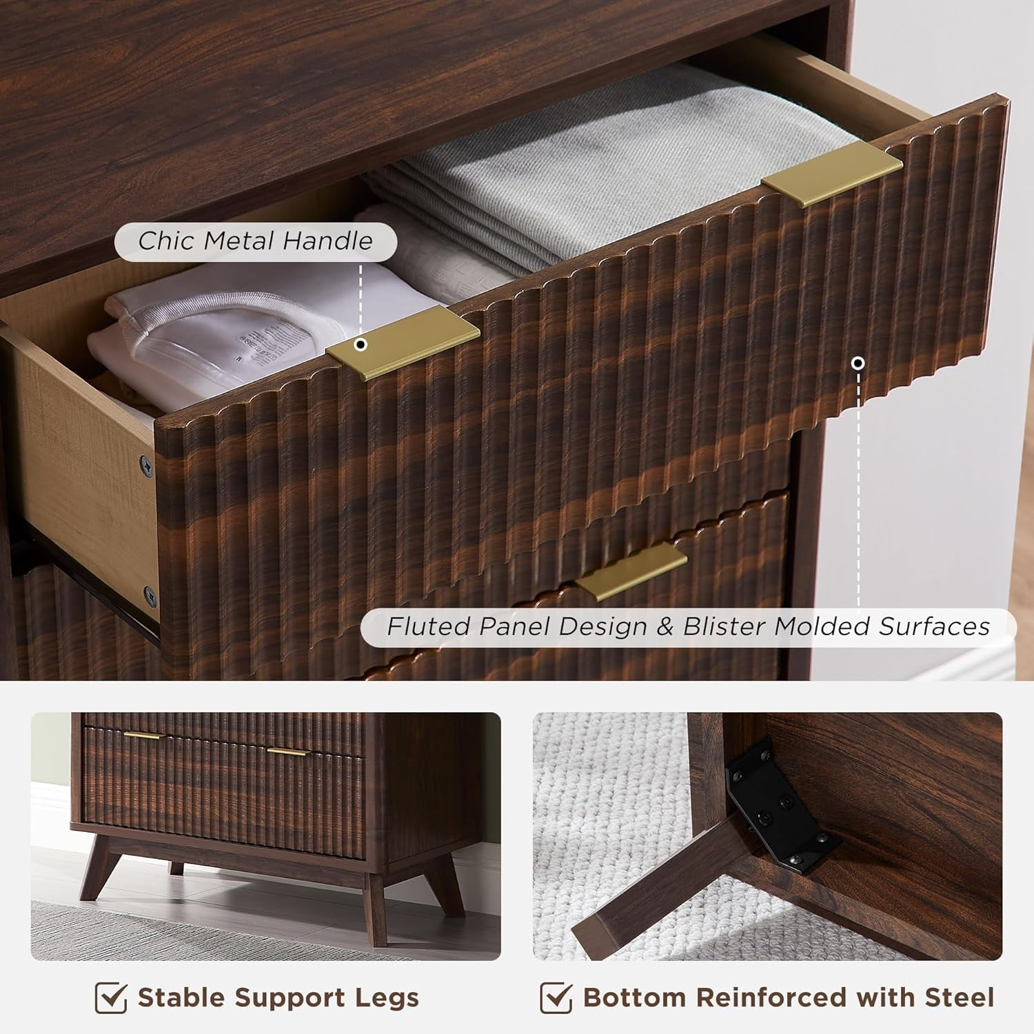 OKD 5 Drawer Dresser for Bedroom with Faux Marble Top, Modern Wood Chest of Drawers, Dresser Organizer, Dark Walnut