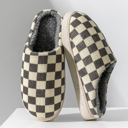 

Women‘s Checkered Pattern Indoor Slippers Corduroy Thick & Soft Sole Slides Anti-slip Cozy Slippers