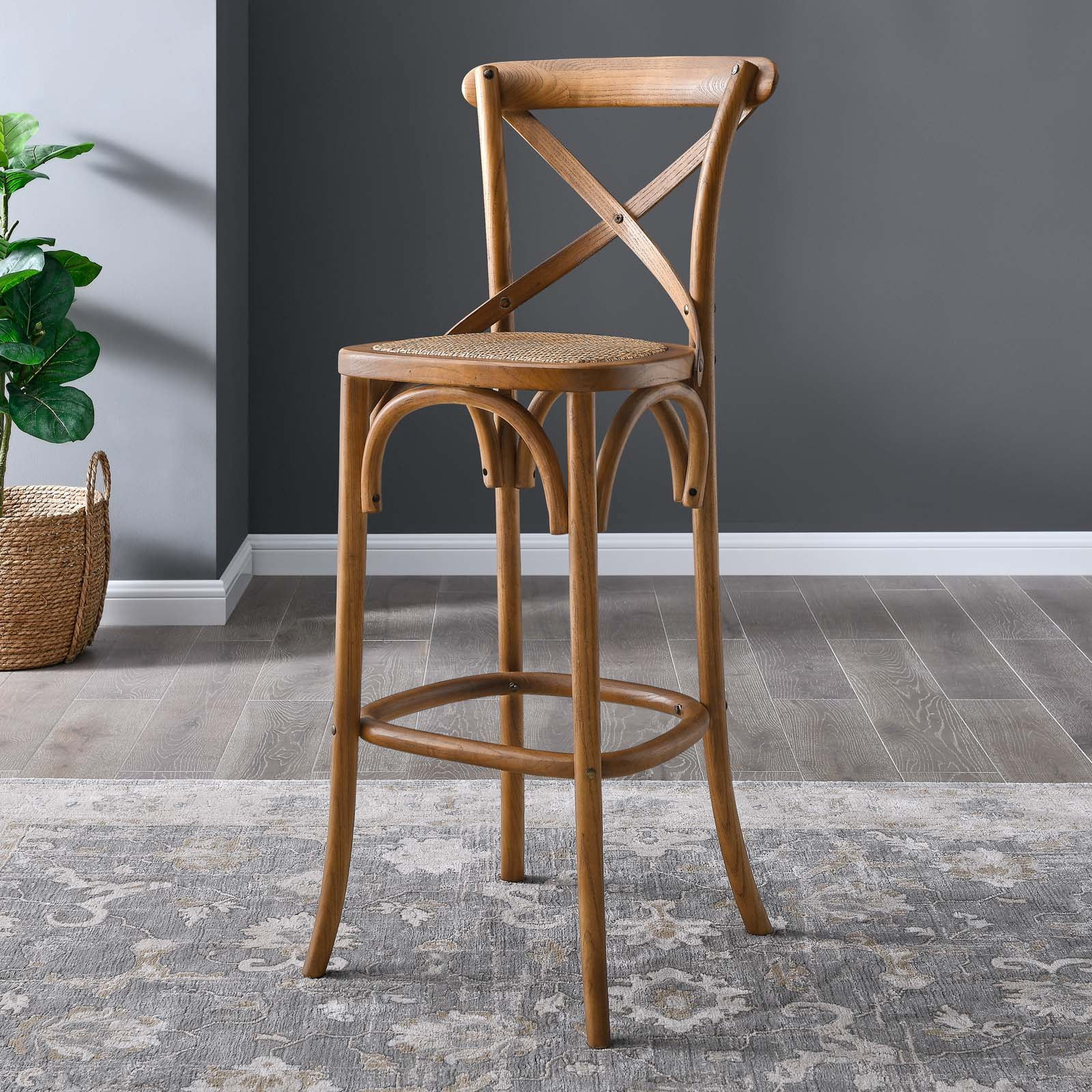 Modway Gear 43.5" Modern Style Rattan and Elm Wood Bar Stool in Walnut Finish