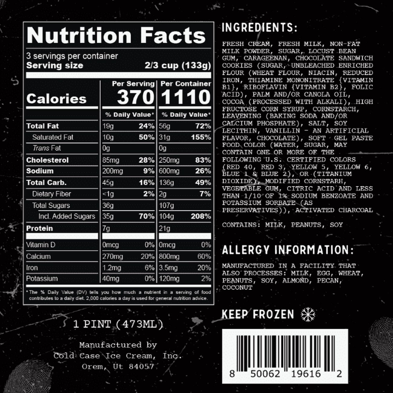 Cold Case Ice Cream Blackmail Flavor - Gourmet Sweet Ash Ice Cream with Chocolate Sandwich Cookies and Marshmallow Creme Swirls - 1 Case, 6 Pints,16 oz/Pint