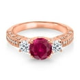 thumbnail image 2 of Gem Stone King 18K Rose Gold Plated Silver Red Created Ruby White Topaz and White Moissanite Engagement Ring for Women (2.29 Cttw, Gemstone July Birthstone, Round 7MM and 4MM, Size 7), 2 of 3