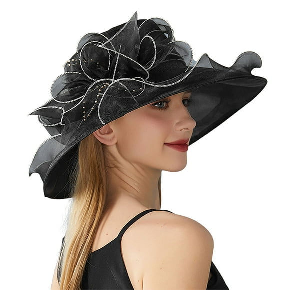MZXELPRJD Tea Party Hats for Women Kentucky Derby Church Dress Hat Wide Brim Organza Flower Bridal Shower Hat Wedding Tea Party Fascinator Hat
