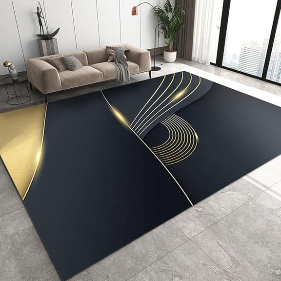 Luxury Black Gold Line Area Rug, Modern Minimalist Geometric Non Slip Print Rugs, Easy Care Durable Carpet For Indoor Living Room Bedroom Office Decor Mat 3x4ft