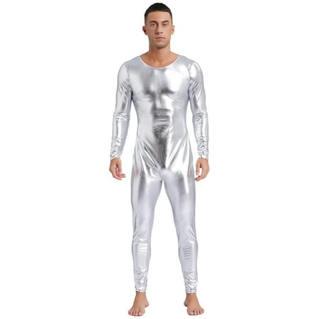 YONGHS Men s One Piece Shiny Metallic Patent Leather Jumpsuit Zentai Slim Fit Unitard Bodysuit Silver XXL