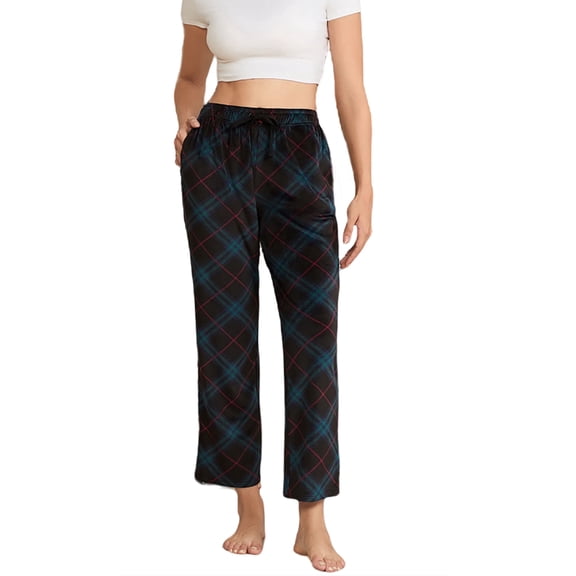 HEARTNICE Womens Fleece Pajama Pants, Ultra Soft Plaid Lounge PJ Bottoms with Pockets,(Blue Green Plaid,2XL)
