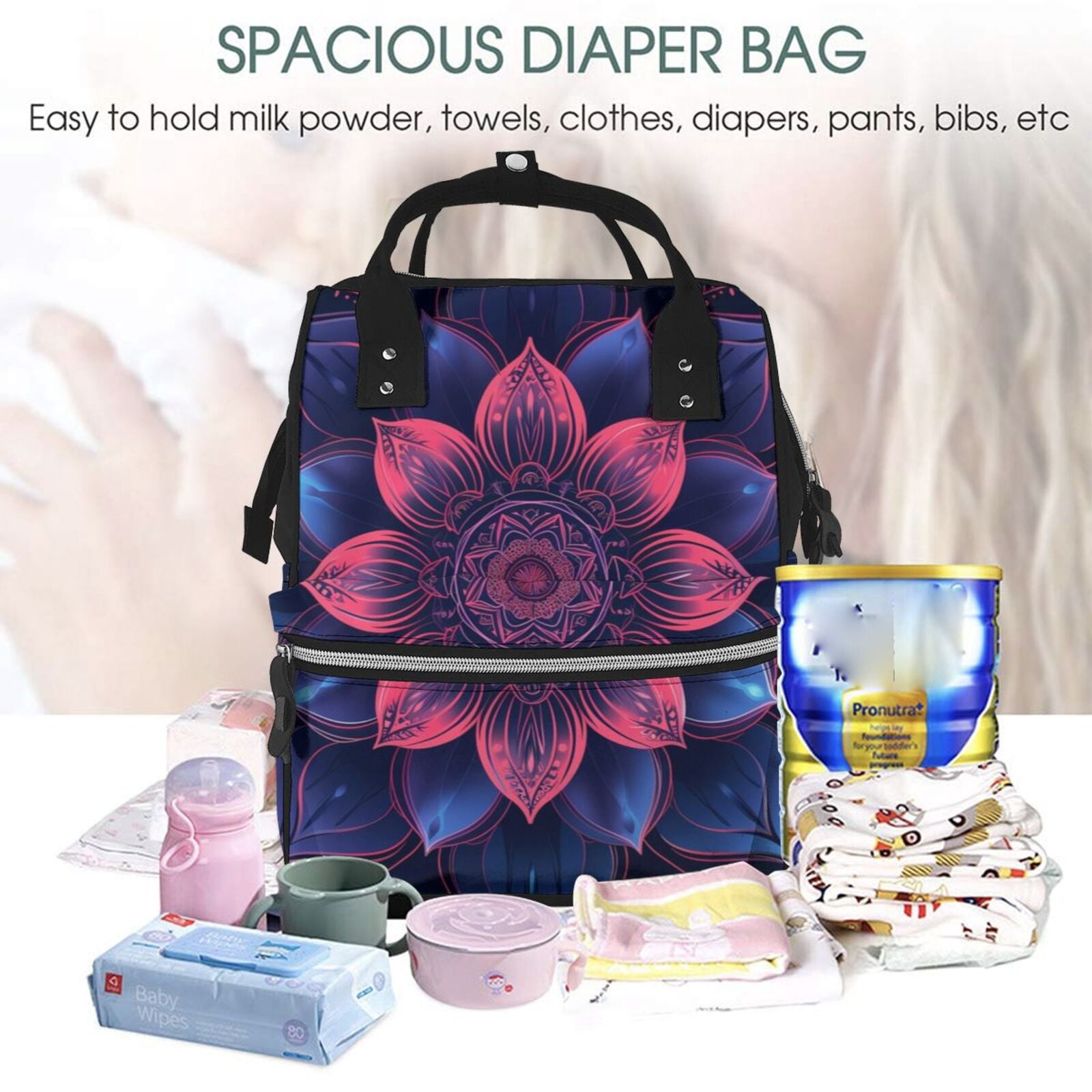Fuzoiu Bohemian Vintage Pattern Print Diaper Bag Backpack,Baby Essentials Travel Tote,Multi function Waterproof Diaper Bag, Travel Essentials Baby Bag - Unisex
