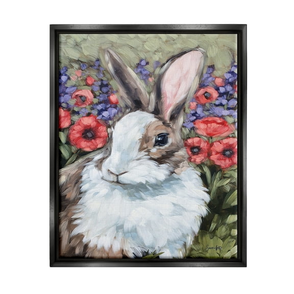 Stupell Rabbit Flower Meadow Nature Animals & Insects Painting Black Floater Framed Art Print Wall Art