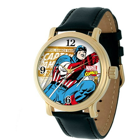 UPC 843231079168 product image for Captain America Men's Vintage Gold Shiny Alloy Case Watch, Black Leather Strap | upcitemdb.com