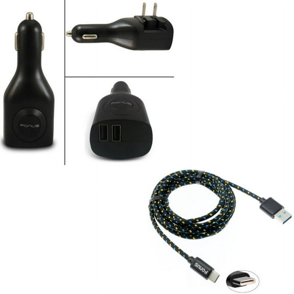 2-in-1 2-Port USB Car Home Charger w Charger Cord Type-C 6ft USB Cable N5J for Acer Liquid Jade Primo - Alcatel PulseMix, 7, Idol 5S 5 4S - ASUS Zenfone V Live, ROG Phone, AR 6 5z 4 Pro