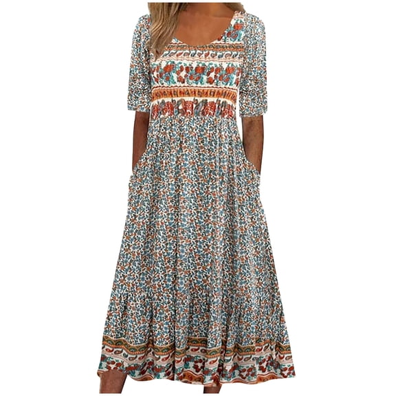 SzhihuiwBoho Dresses for Women Plus Size Fashion Floral Crew Neck Short Sleeve Midi Dress with Pocketssummer Beach Sundress
