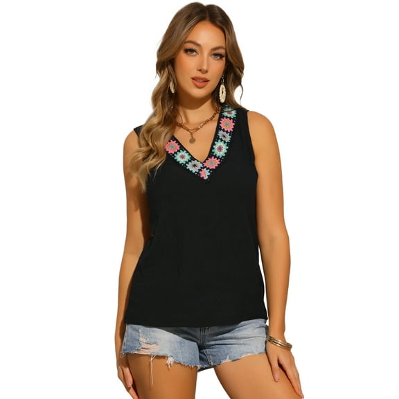 DARING DIVA Women's Boho V Neck Casual Summer Floral Tank Tops XS Black