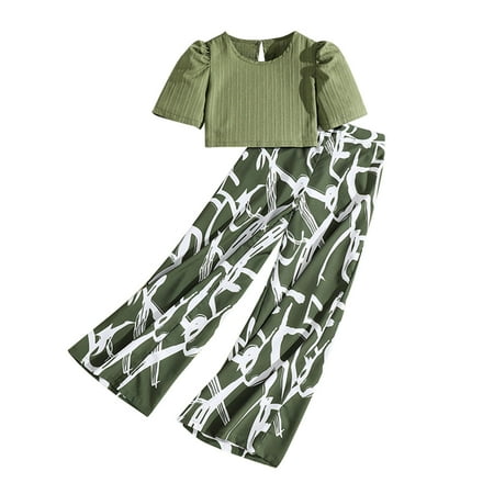 

Children s Girls Summer Puff Sleeve Solid Color Short Sleeved Tops Printed Wide Leg Trouser 2PCS Outfits Clothes Set Baby Girl Niece Clothes Baby Girl Little Girls Crop Top Outfits for Teen Girls for