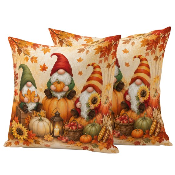 Gnomes Pumpkins Thanksgiving Outdoor Waterproof Pillow Covers, Fall Leaves Botanical Floral Decorative Square Throw Pillowcase Sofa Cushion Sham for Patio/Couch/Chair, 18"x18" 2 Pack