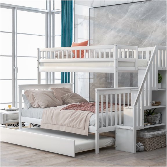 JERFIT White Twin Over Full Bunk Bed with Staircase Drawers and Trundle, Space-Saving Solid Pine Wood Storage Bunk Bed Frame