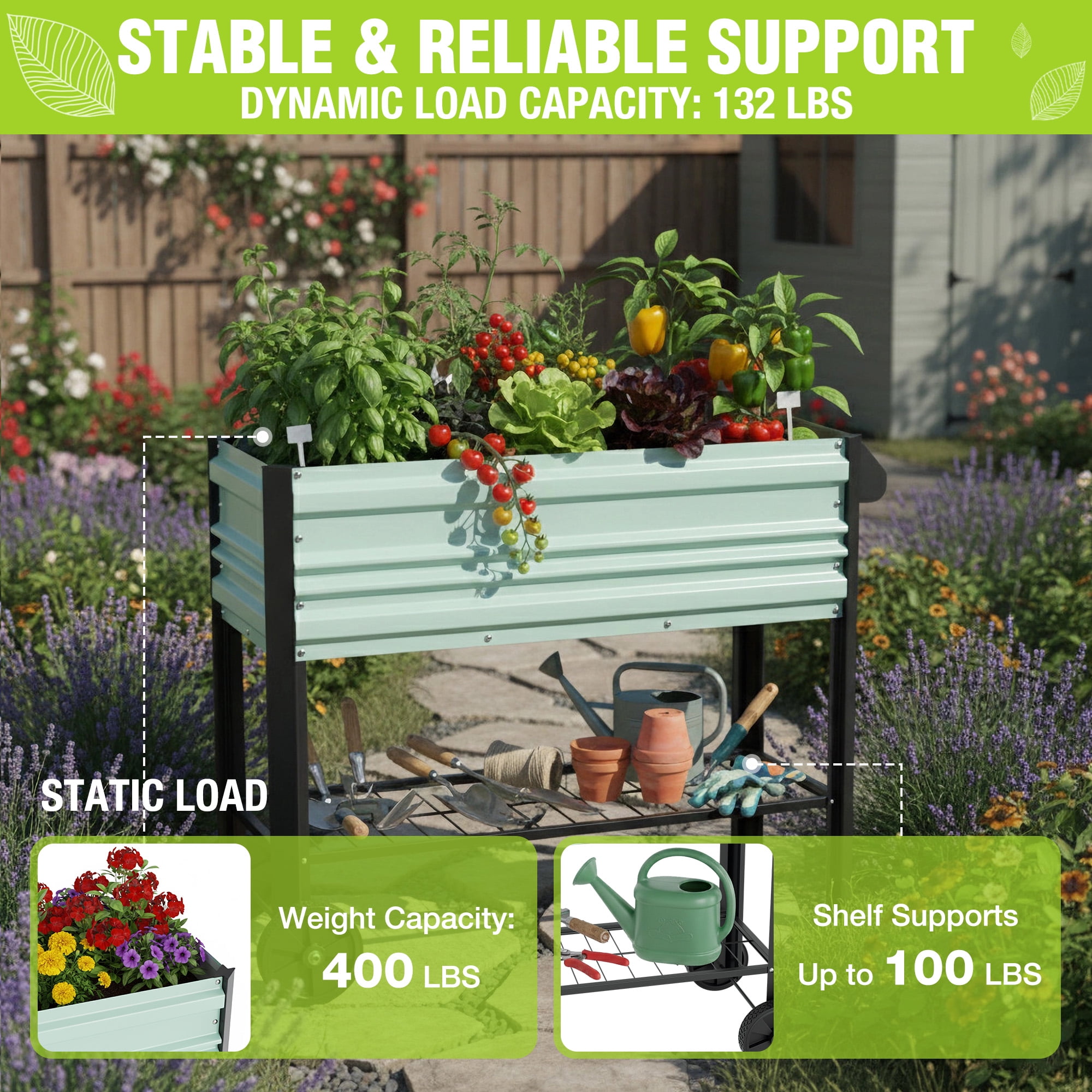 WORKPRO 37in Outdoor Galvanized Raised Garden Bed with Legs and Wheels -Light Green