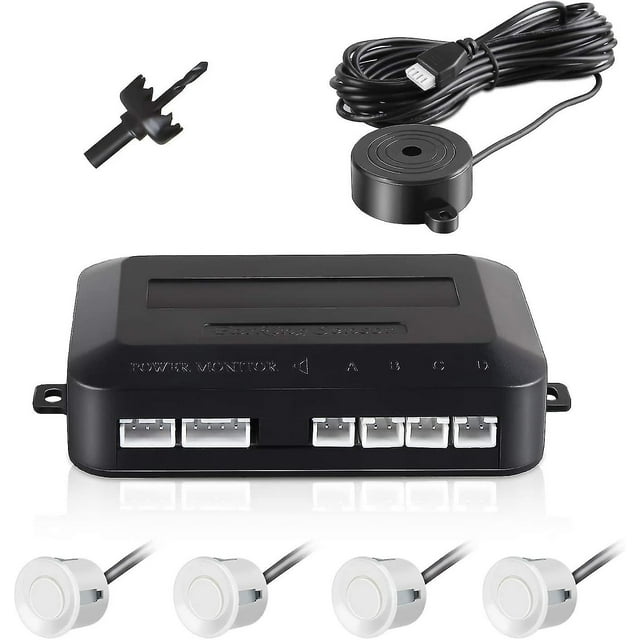 Car Reversing Sensor, Car Reversing Radar Auto Parking System with Bibi Buzzer Alarm and 4 Sensors - White Hy