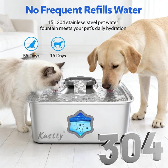 15L Stainless Steel Dog Water Fountain with LED Indicator & 5-Stage Filtration for Large Dogs