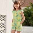 thumbnail image 3 of ZIATUBLES Lemon Green Print Girls Summer Casual Playsuit Flutter Sleeves Short Jumpsuit Button Round Neck Kids Romper Elastic Waist Relaxed Fit Comfort Outfit with Pockets for 7-8 Y, 3 of 6