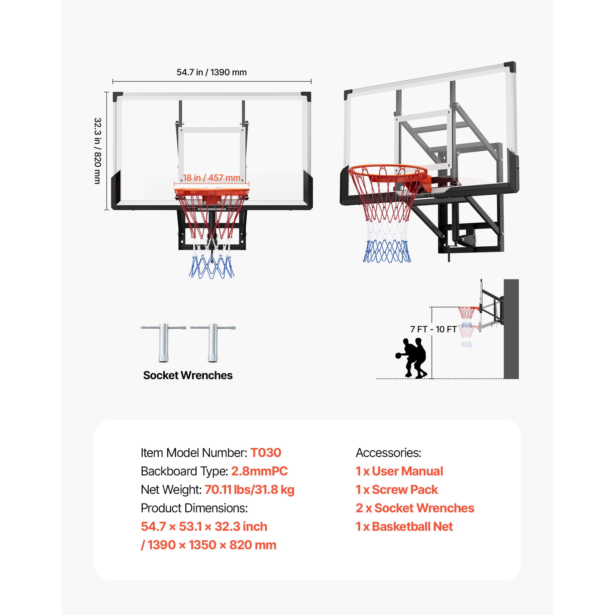KFFKFF Wall-Mounted Basketball Hoop, 54-inch Polycarbonate Backboard with Hand-Crank Height Adjustment, Durable 0.11-inch Thick Backboard, Classic Design for Indoor and Outdoor Play