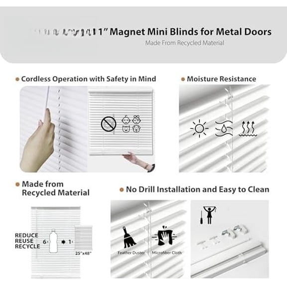 Cordless No Tools 1" Magnet Mini Blinds for Metal Doors, Room Darkening, 25" W x 42" H, White