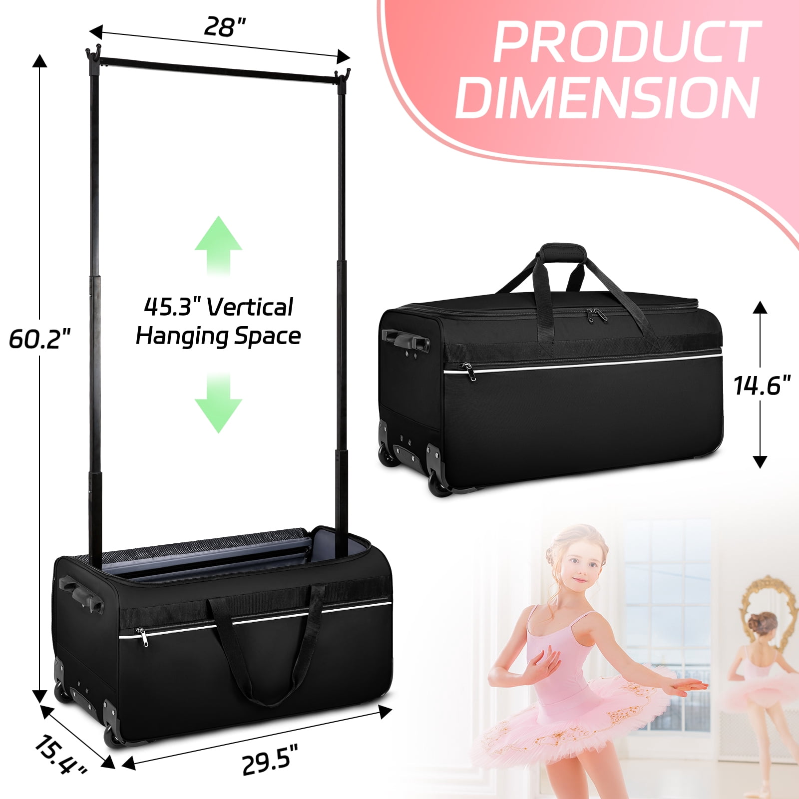 Dance Bag with Garment Rack, 28" Rolling Dance Competition Bag for Shows,Travel and Performances