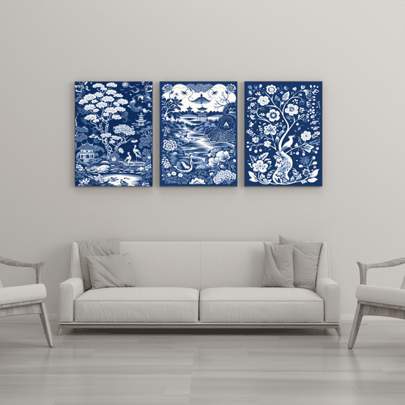 Blue and White Willow Forest- 3 Piece Canvas Wall Art Set