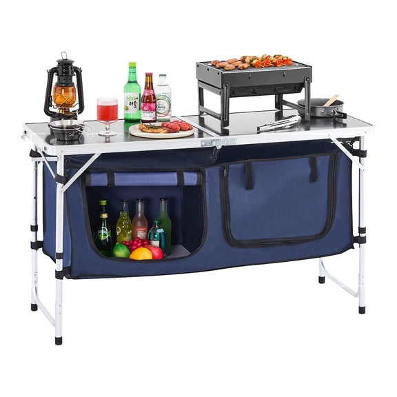 Portable Camping Kitchen Station with 3 Adjustable Height Settings, Aluminum Folding Cook Table with Windscreen, Storage Shelves & Carry Bag for Outdoor Picnic, BBQ, Tailgating