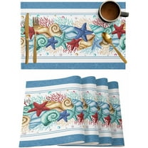 Nautical Coastal Blue Placemats Set of 6 Washable Table Mats for Kitchen Dining Table, Heat-Resistant Cotton Linen Place Mats for Indoor Outdoor Parties Holiday Decoration, Starfish Shell Coral