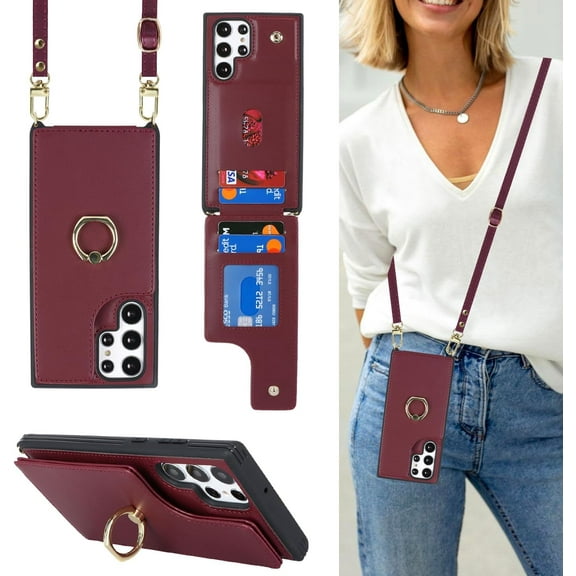 for Samsung Galaxy S22 Ultra Case with Card Holder and Strap for Women,Crossbody Lanyard,Stand Ring Kickstand,Snap Clasp,Phone Wallet Cases 6.8 inch(Wine Red)