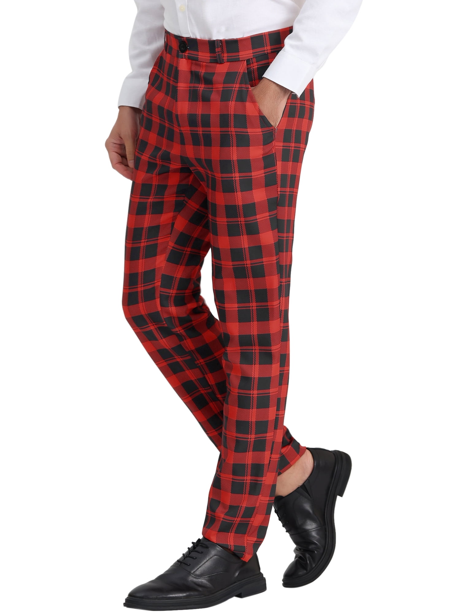 Unique Bargains Men's Plaid Regular Fit Flat Front Classic Elastic Waist Suit Pants 36 Red