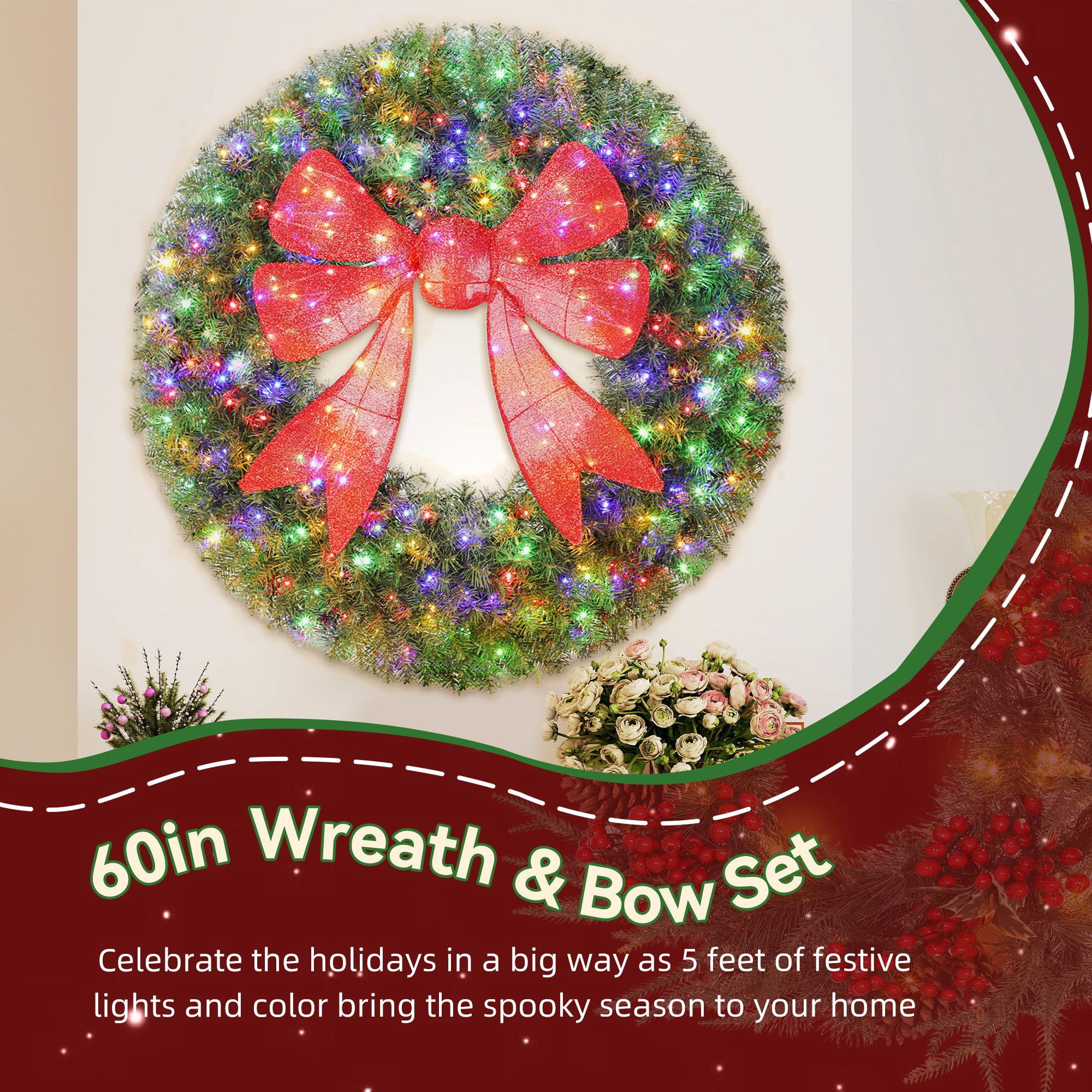 Pre-Lit Christmas Wreath, 60-Inch Front Door Wreath with 3D Bow, 300 LED Lights, 11 Lighting Modes, Remote Control, Indoor Outdoor Holiday Decoration