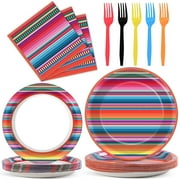100PCS Mexican Serape Fiesta Party Plates Napkins Forks Colorful Stripes Decor Favors for Mayo