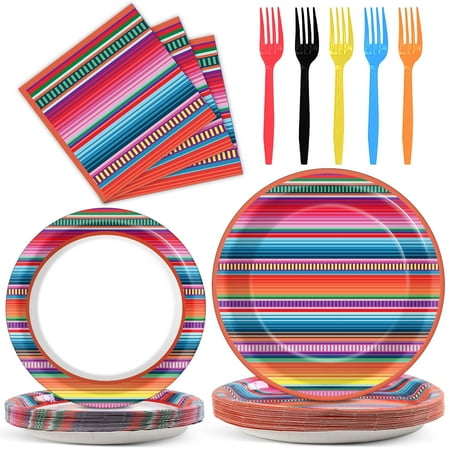 100PCS Mexican Serape Fiesta Party Plates Napkins Forks Colorful Stripes Decor Favors for Mayo