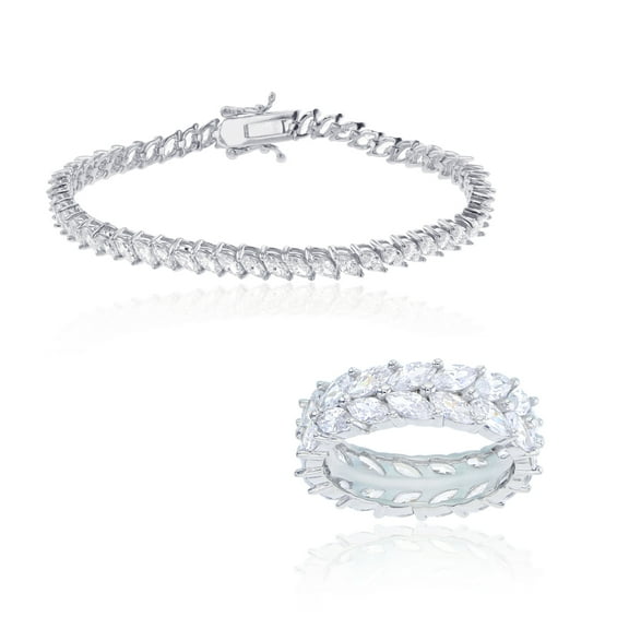 Decadence Sterling Silver Rhodium 7" Marquise Cut Bracelet and Ring