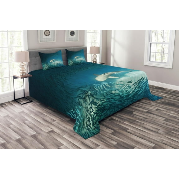 Ambesonne Fish Quilted Bedspread Set 3 Pcs, Animals Teal Wildlife, Queen Size, Teal Beige