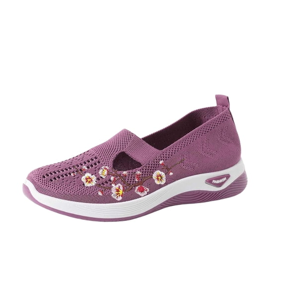 Havenx Women's Floral Embroidered Mesh Knitted Flat Shoes Breathable Elastic Platform Non Slip Memory Foam Mom Walking Shoes Flats Lightweight Casual Walking Shoes Play Sneakers,Purple 43