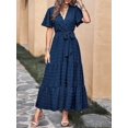 thumbnail image 3 of Robes Maxi Boho à Pois Suisses pour Femmes Col en V Manches Courtes Volantées Taille Nouée Robe Longue Fluide à Volants, 3 of 5
