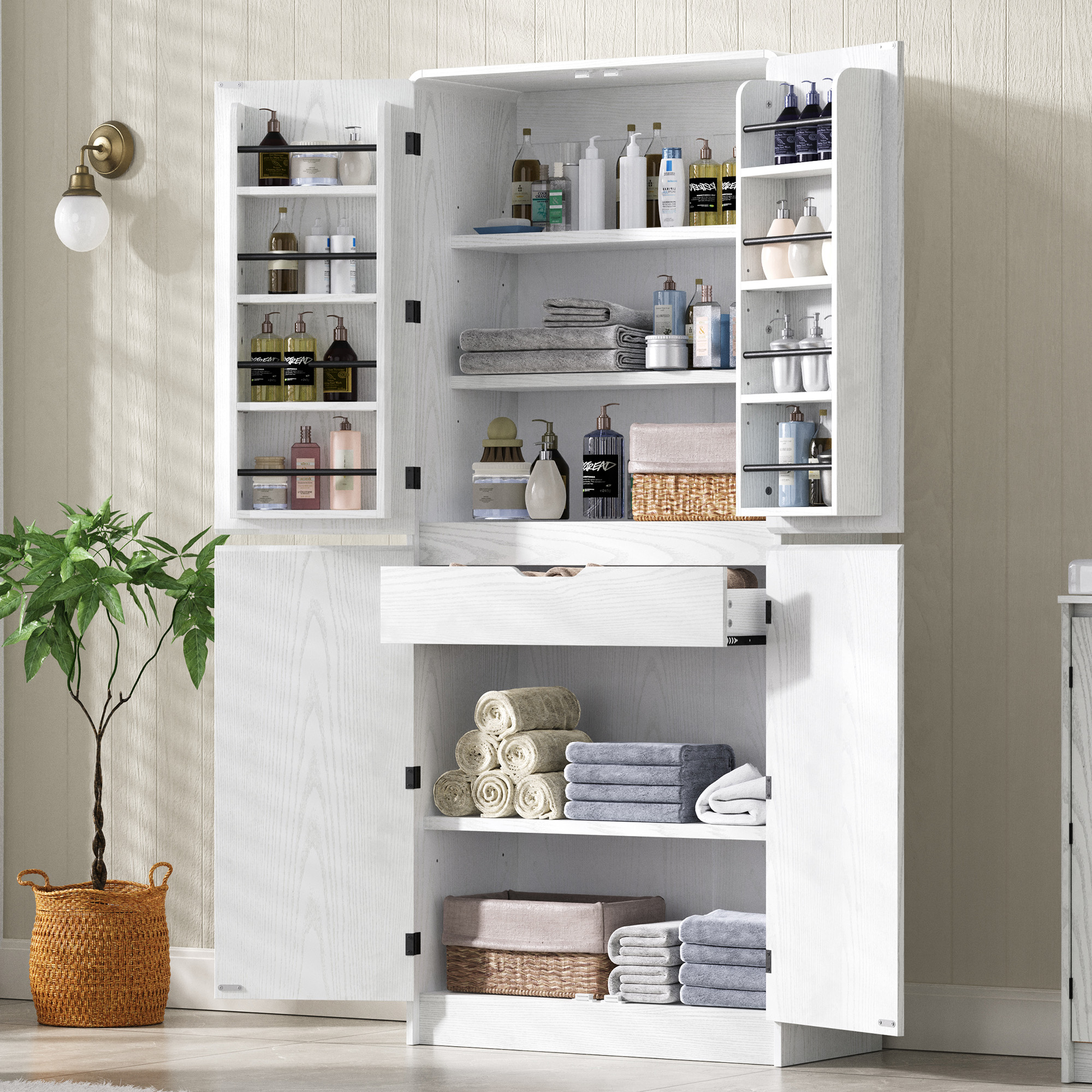 72" Tall Farmhouse Kitchen Pantry Cabinet with 8 Door Shelves, Curved Design Storage Cabinet with 3 Adjustable Shelves, Hidden Drawer, Versatile Cupboard for Kitchen, Dining & Bathroom, White
