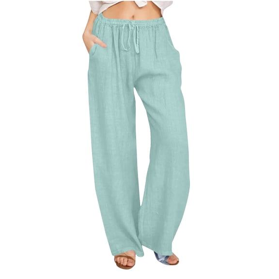 Levmjia Womens Pants Elastic Waist Wide Leg Cotton Linen Casual Trousers Soft Breathable Pure Color Drawstring Pants Beach Holiday All Season Comfort