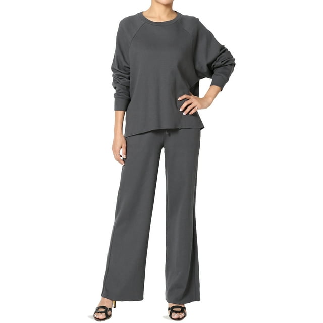 Women's Casual French Terry Long Sleeve Top Wide Leg Lounge Pants ...