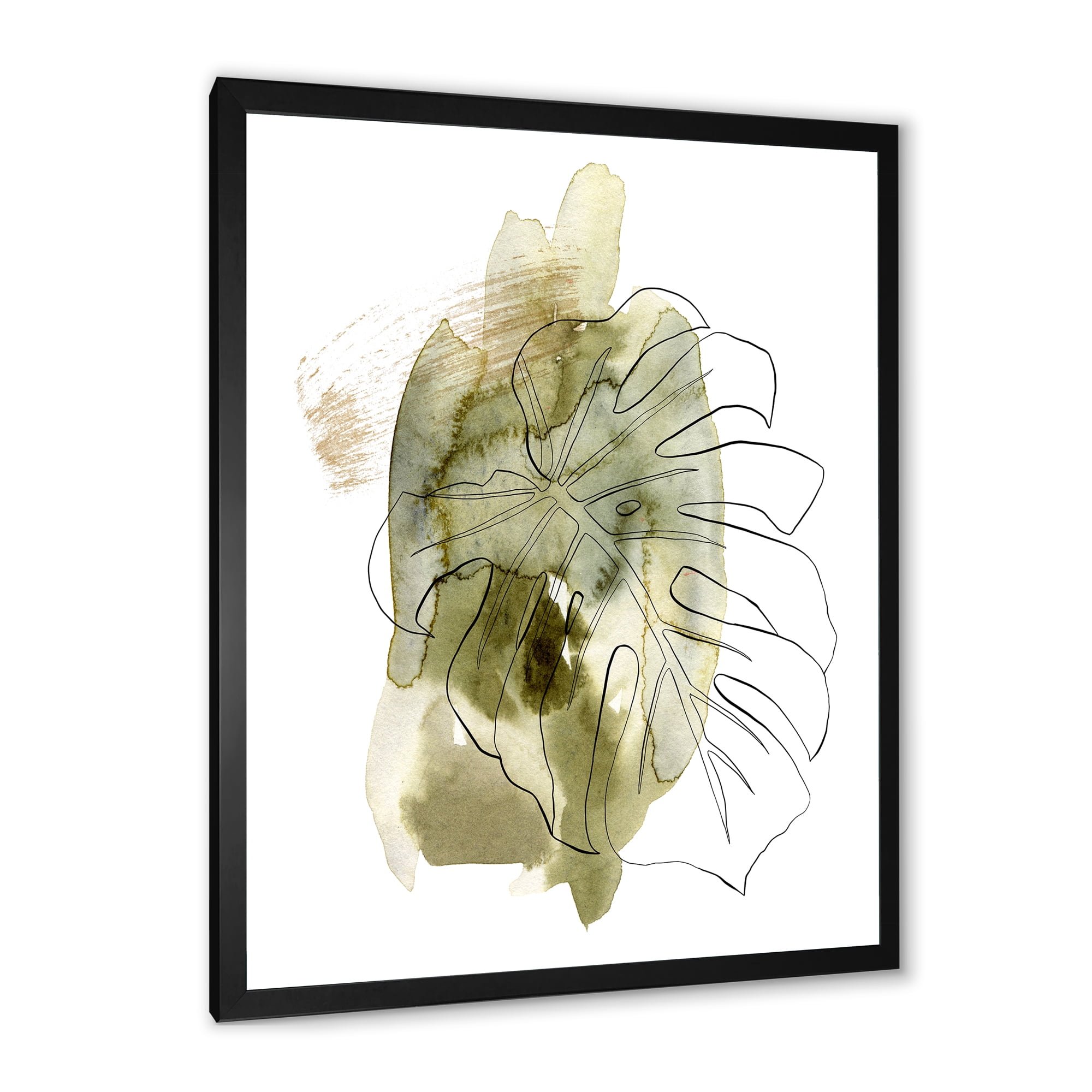 Designart 'Line Art Monstera Branch Tropical Abstract Leaves on Green' Traditional Framed Art Print