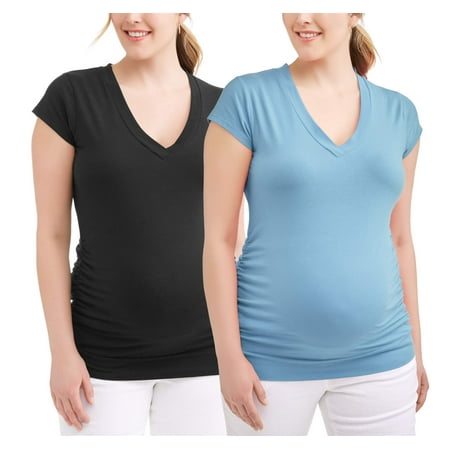 Maternity Shirred V-neck Tops - Maternity Basic V-Neck Tee With Flattering Side Ruching-2 Pack--Available in Plus-Size