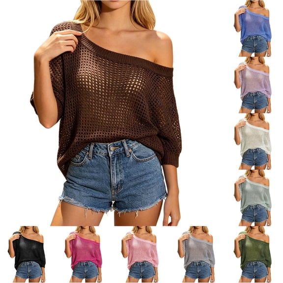 CAIVO Women Hollow Out Pullover Beach Cover Up Knit Sweater Tops Casual Loose Fit Summer Fashion Tee Half Sleeve Slash Neck Solid Color Trendy Shirts