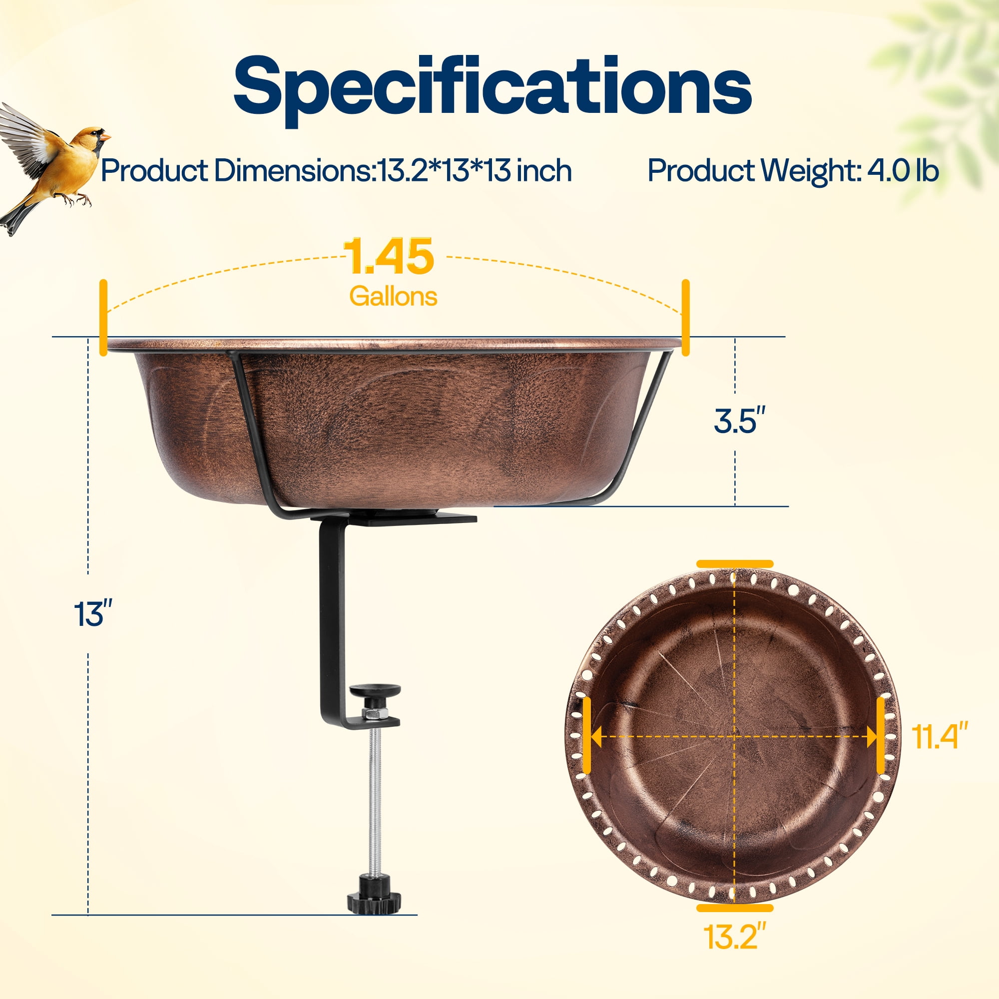 SPECSTAR Deck Mounted Bird Bath for Outside, Weather-Resistant ABS Bird Bath and Feeder with Adjustable Metal Clamp for Railing, Fence, Balcony, 1.45 Gallons, Copper