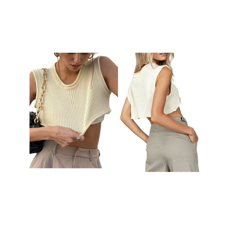 Women Basic Ribbed Knit Loose Tank Top Crew Neck Sleeveless Crop Top Y2K  Summer Camisole Vest Top, Beige, Medium : : Fashion