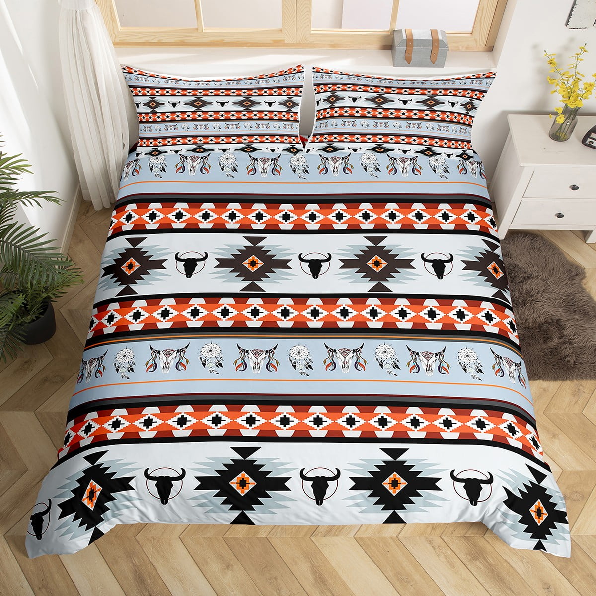 Aztec Bedding Set Queen,Southwestern Comforter Cover Exotic Bull Skull