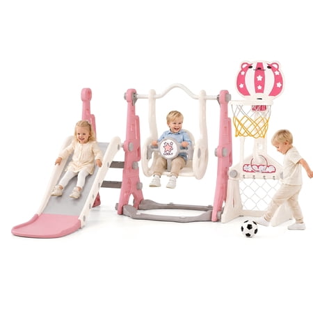 DKMOCO 6-in-1 Toddler Swing and Slide Set Kids Playset with Slide Basketball Hoop Soccer & Golf Game Indoor Outdoor Toddler Slide for Toddlers 1-2 Pink