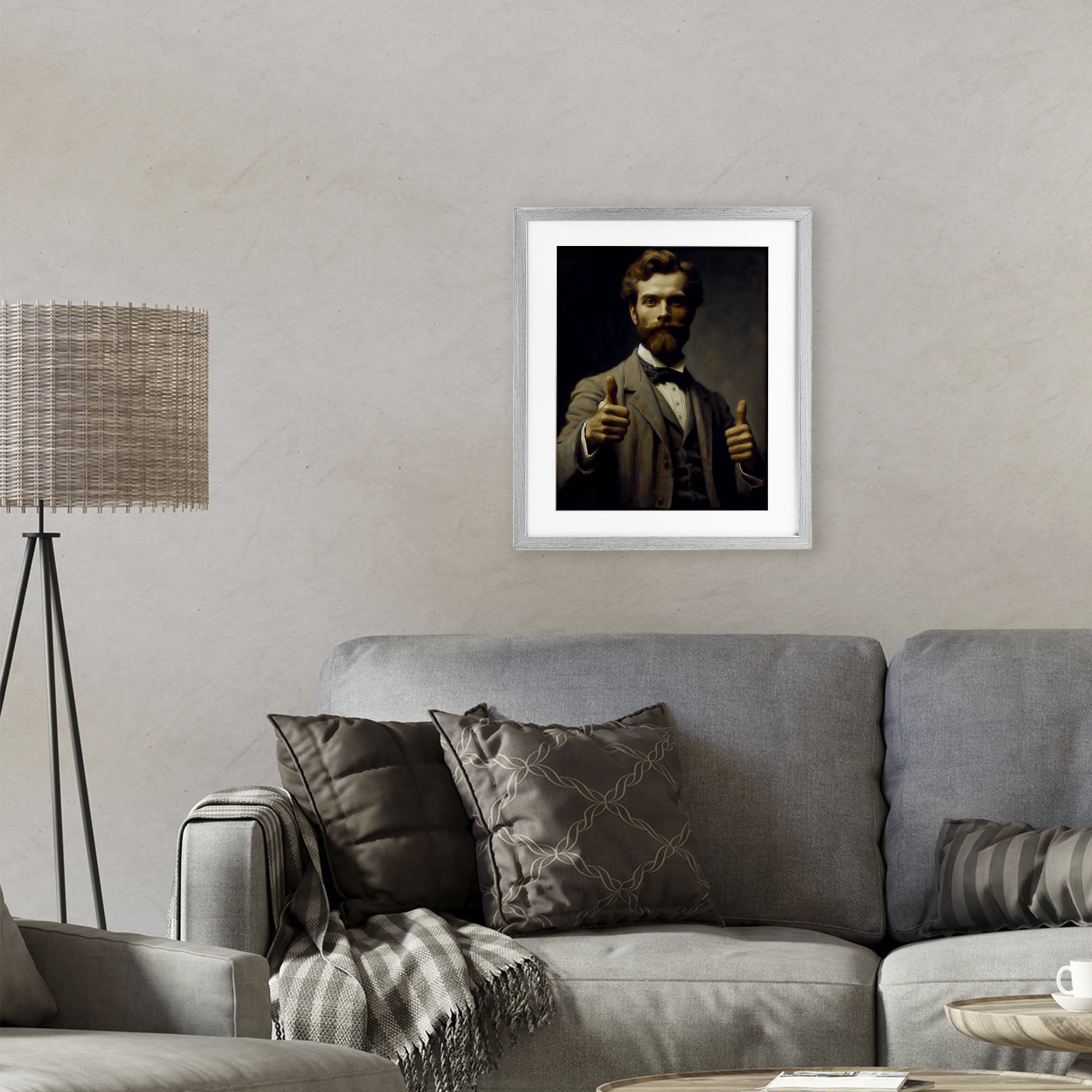 Funny Thumbs Up Gentleman Gray Framed Print Under Glass, design by Lettered and Lined